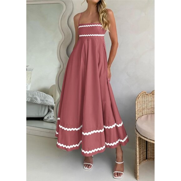 Women's Dark Pink Casual Sleeveless Spaghetti Strap Ruffle Beach Maxi Dress - Picture 8 of 8